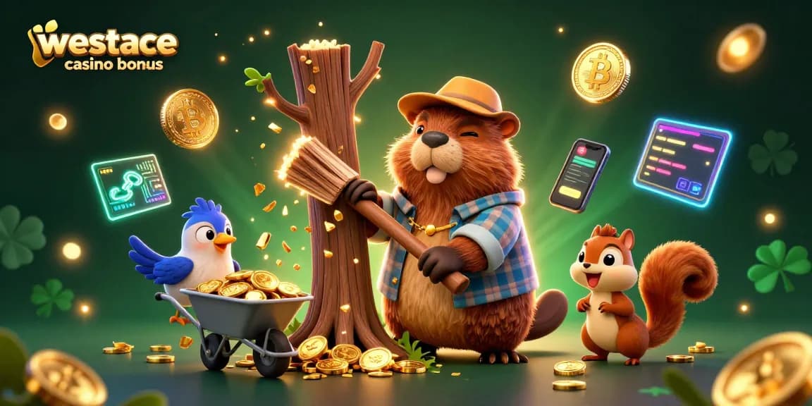 Profitez du bonus WestAce Casino avec un visuel riche en jeux de casino et en pièces d'or.