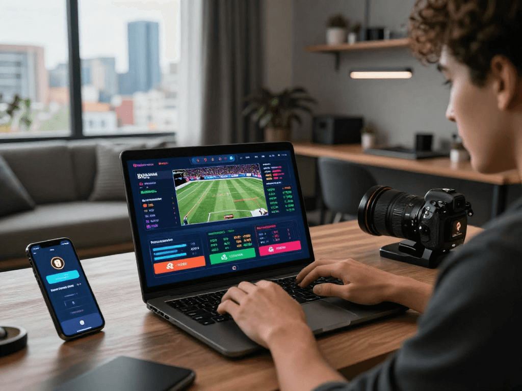 Un parieur utilisant des paris sportif crypto sur un ordinateur portable avec des graphiques et des promotions en arrière-plan.
