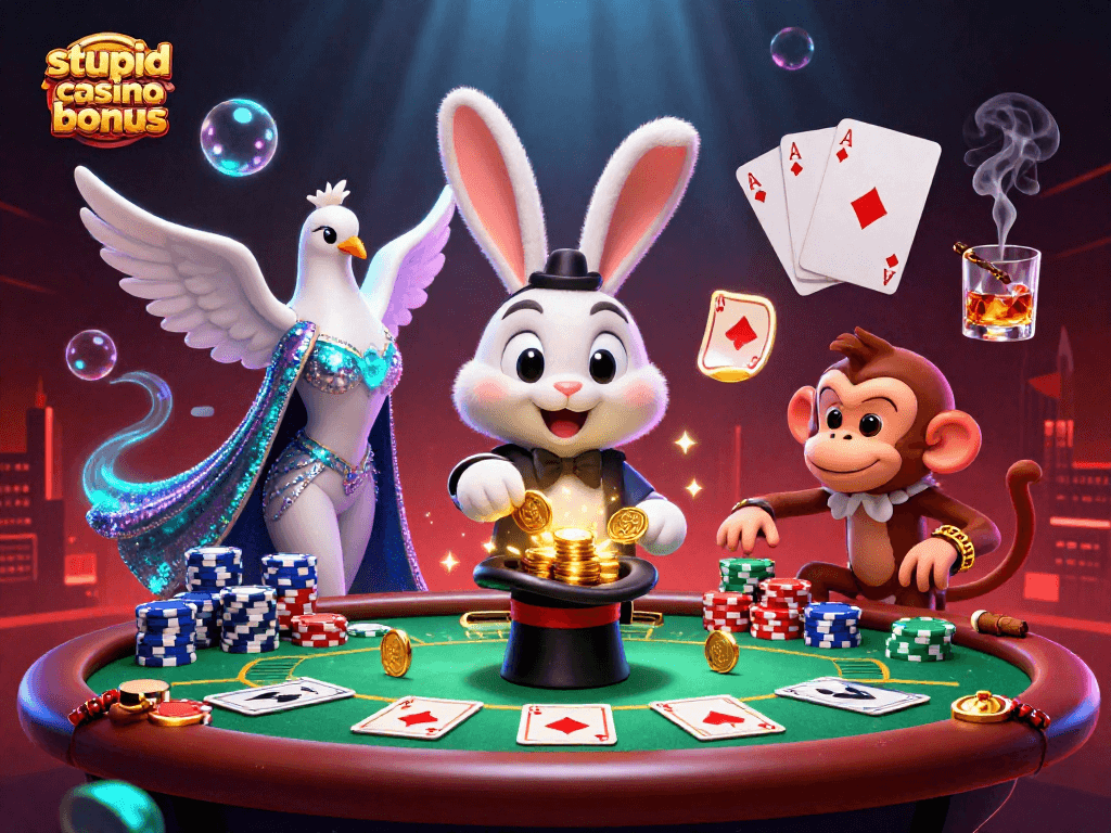 Profitez du bonus Stupid Casino avec un magicien et des pièces d'or tirées d'un chapeau.
