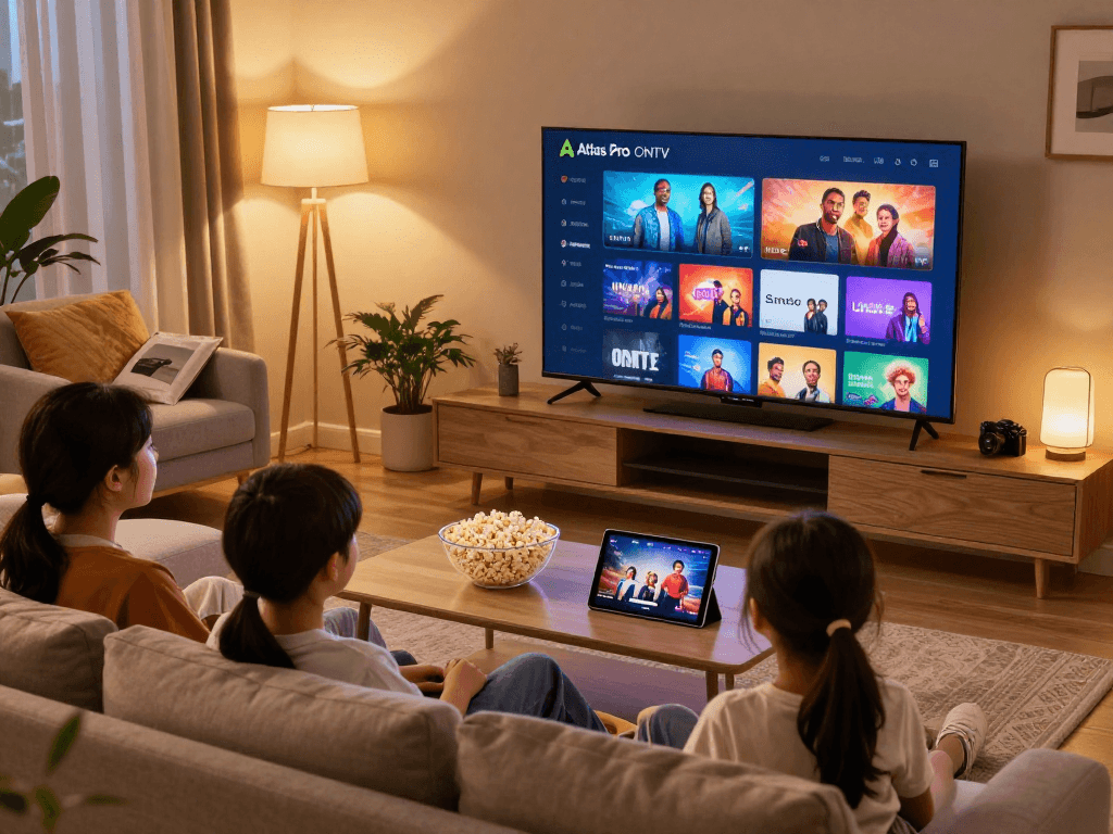 Utilisateurs d'Atlas Pro regardant la télévision en famille avec un écran HD et des appareils modernes.