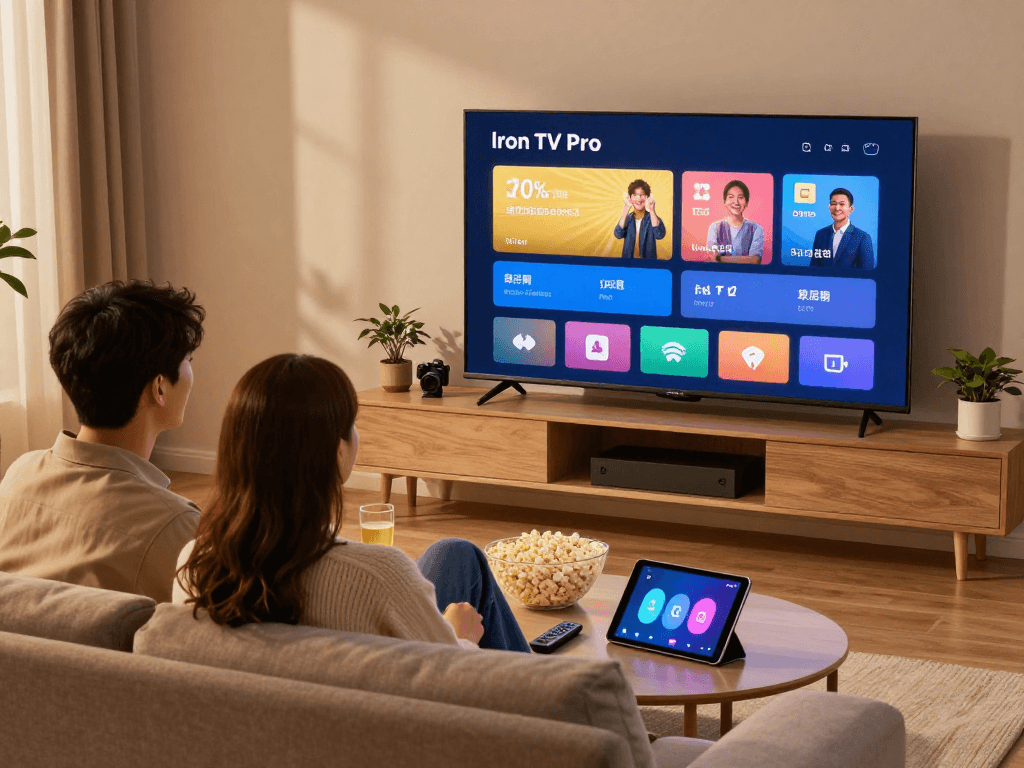 Décontracté soirée cinéma avec Iron TV dans un salon moderne.