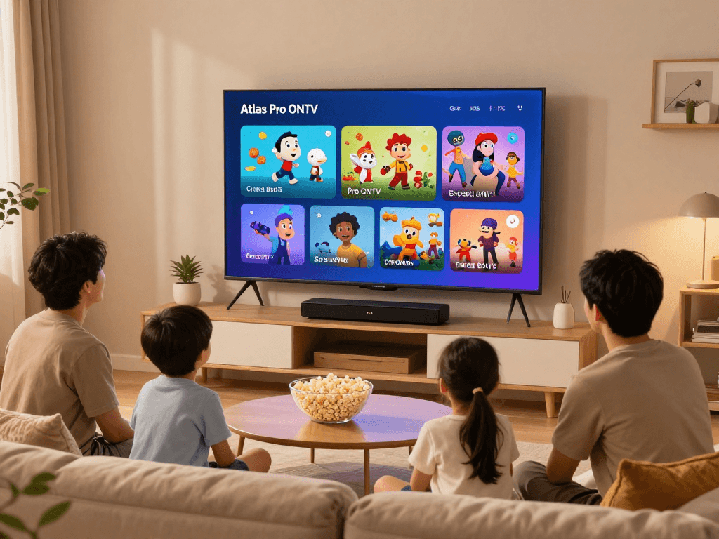 Famille profitant de l'application Atlas Pro ONTV sur un téléviseur intelligent, ambiance chaleureuse et conviviale.