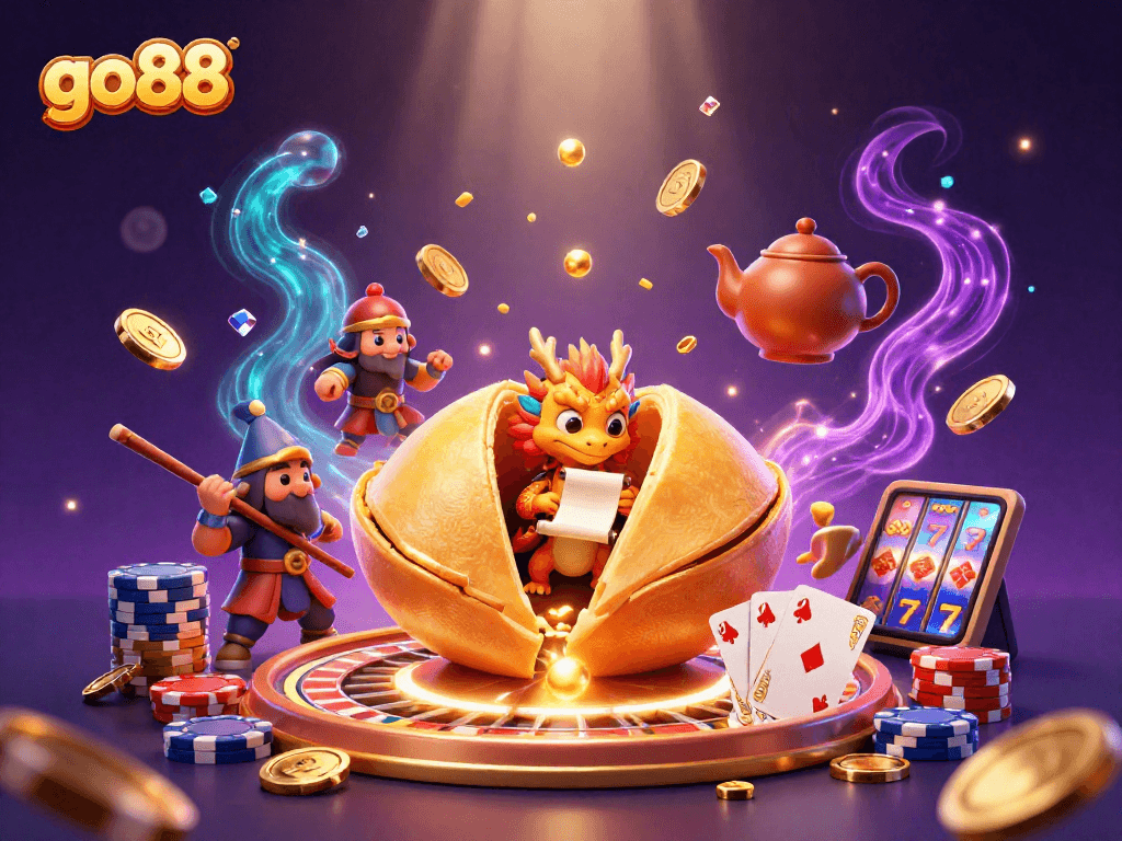 Experience the magic of go88 with a vibrant 3D casino scene featuring a golden fortune cookie, wise dragon, and dynamic game elements.