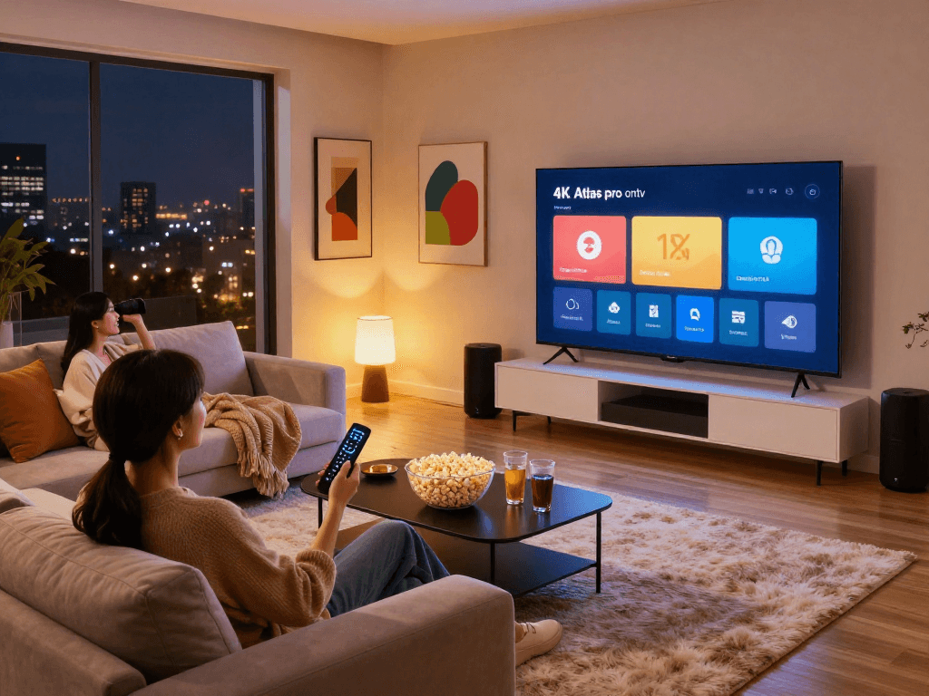 Profitez d'une soirée cinéma avec Atlas pro ontv dans un salon moderne et accueillant.